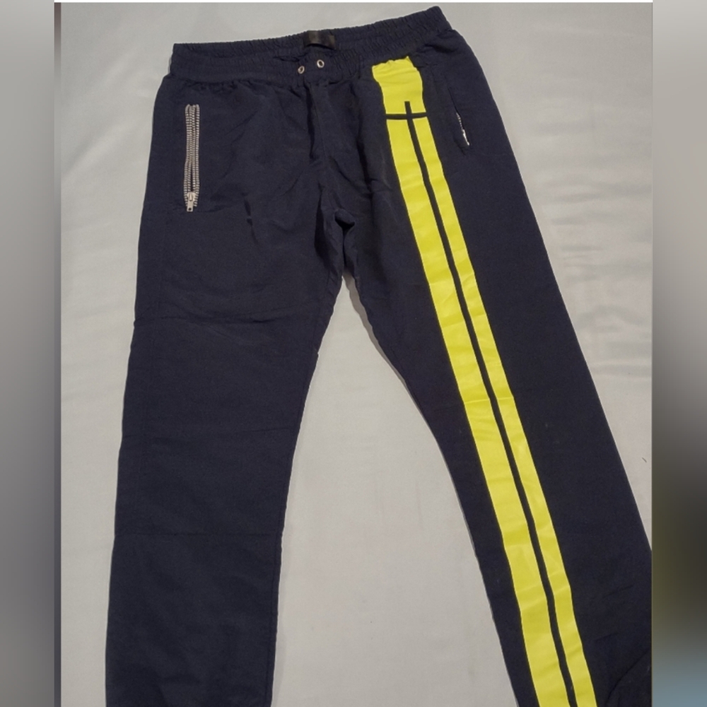 RtA Men's Dark Blue Joggers with Neon Yellow Stripe